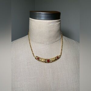 T.R.U. Antiqued 14K Gold Dipped Red and Crystal Collar Necklace